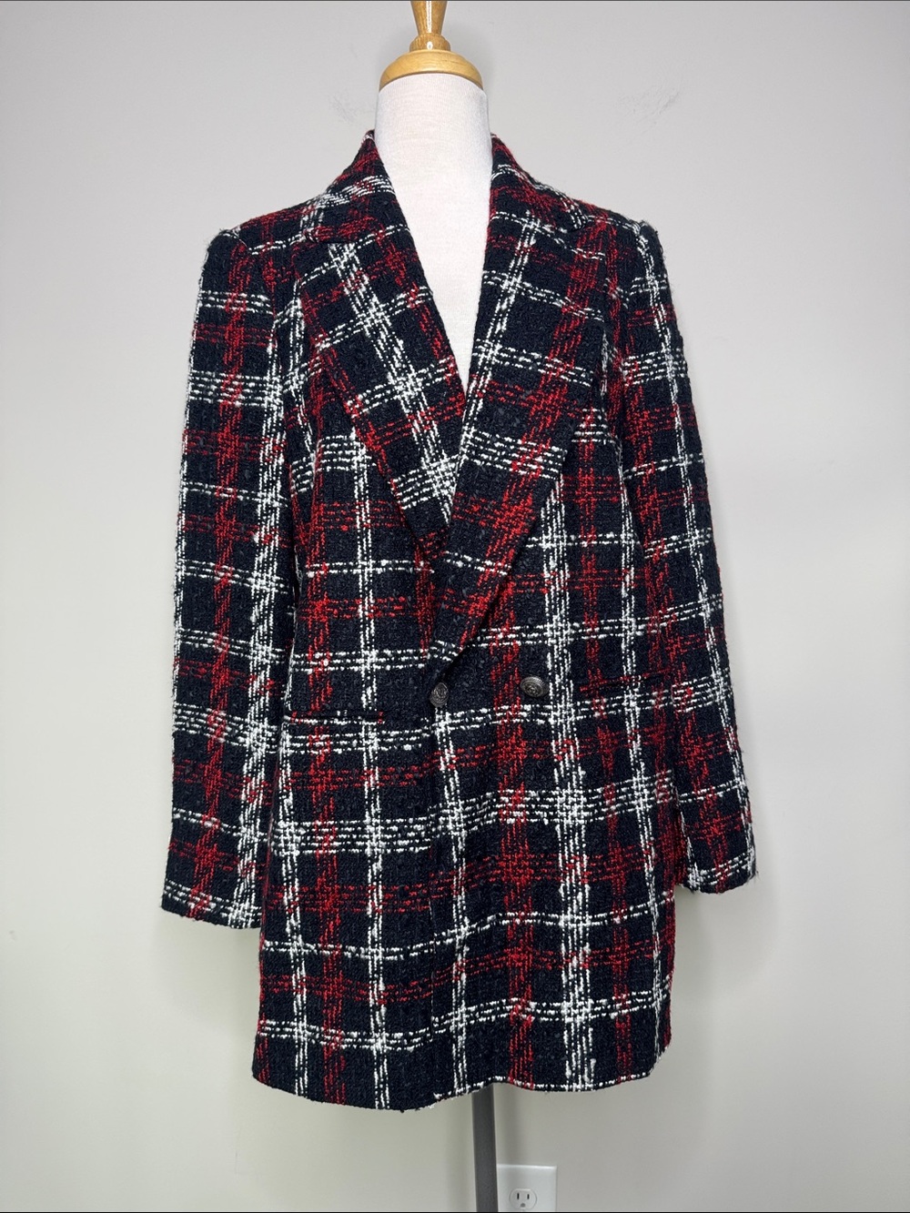 Zara Womens Plaid Double-Breasted Blazer Academia Business Sz Medium